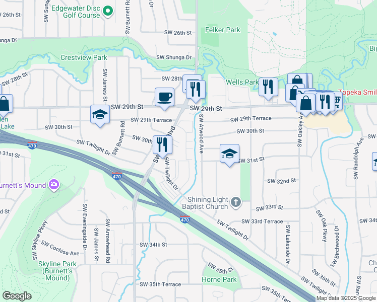 map of restaurants, bars, coffee shops, grocery stores, and more near 3032 Southwest Lydia Avenue in Topeka