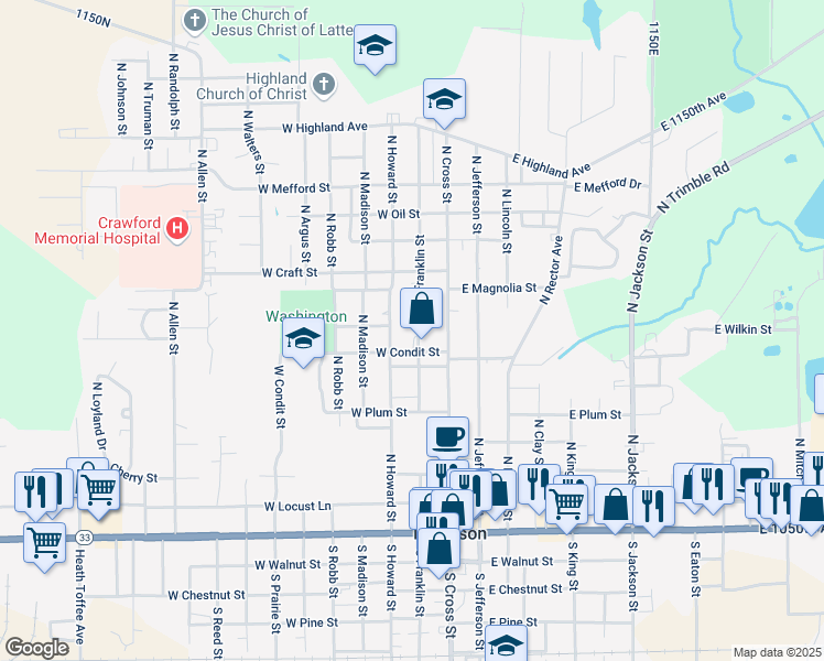 map of restaurants, bars, coffee shops, grocery stores, and more near 701 North Franklin Street in Robinson