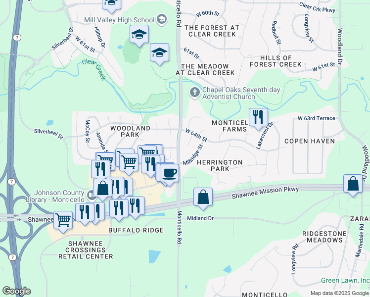 map of restaurants, bars, coffee shops, grocery stores, and more near 6420 Noreston Street in Shawnee