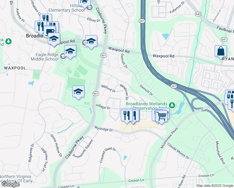 map of restaurants, bars, coffee shops, grocery stores, and more near 40425 Milford Drive in Broadlands