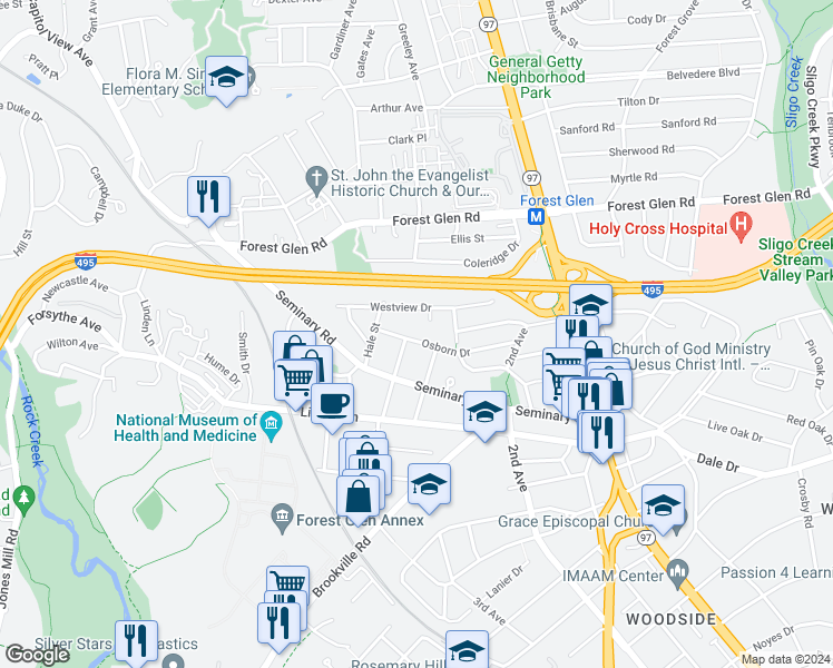 map of restaurants, bars, coffee shops, grocery stores, and more near 2213 Osborn Drive in Silver Spring
