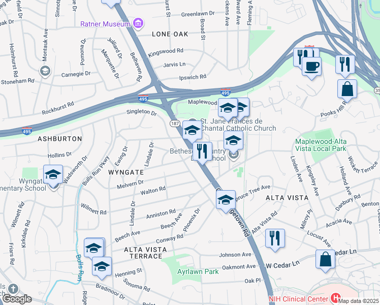 map of restaurants, bars, coffee shops, grocery stores, and more near 5601 Wyngate Drive in Bethesda