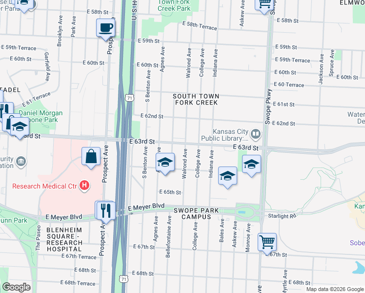 map of restaurants, bars, coffee shops, grocery stores, and more near 3119 East 63rd Street in Kansas City
