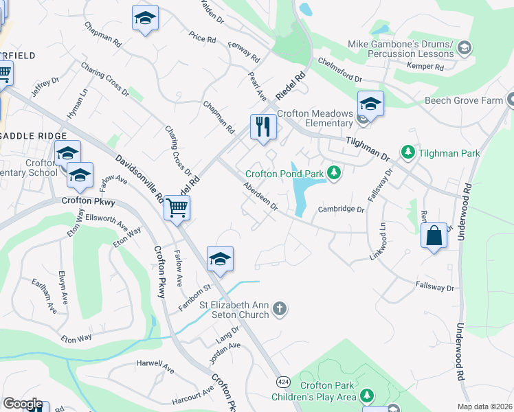map of restaurants, bars, coffee shops, grocery stores, and more near 1851 Aberdeen Circle in Crofton