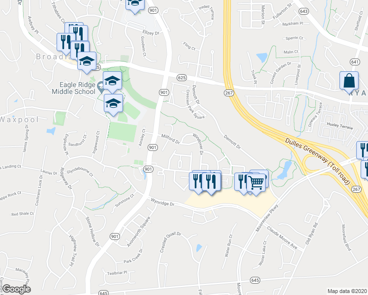 map of restaurants, bars, coffee shops, grocery stores, and more near 40421 Milford Drive in Ashburn
