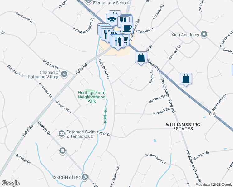 map of restaurants, bars, coffee shops, grocery stores, and more near 10112 Donegal Court in Potomac