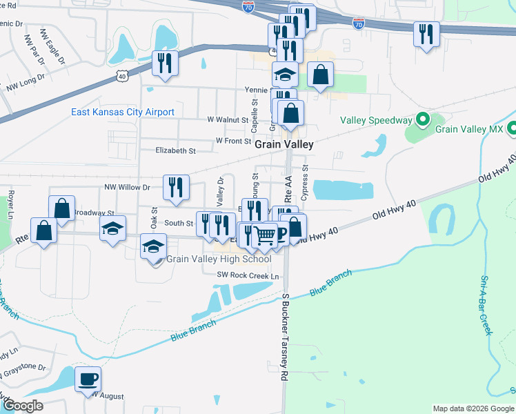 map of restaurants, bars, coffee shops, grocery stores, and more near 201 Young Street in Grain Valley