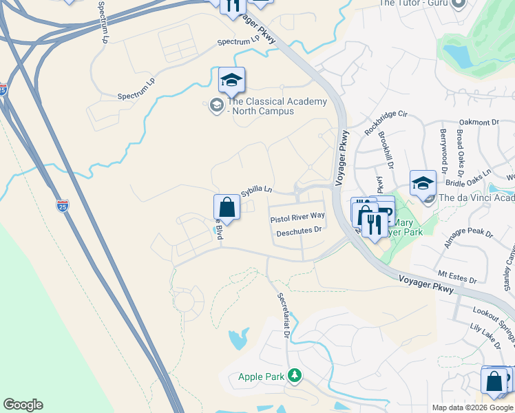 map of restaurants, bars, coffee shops, grocery stores, and more near 12364 Brandon Drive in Colorado Springs