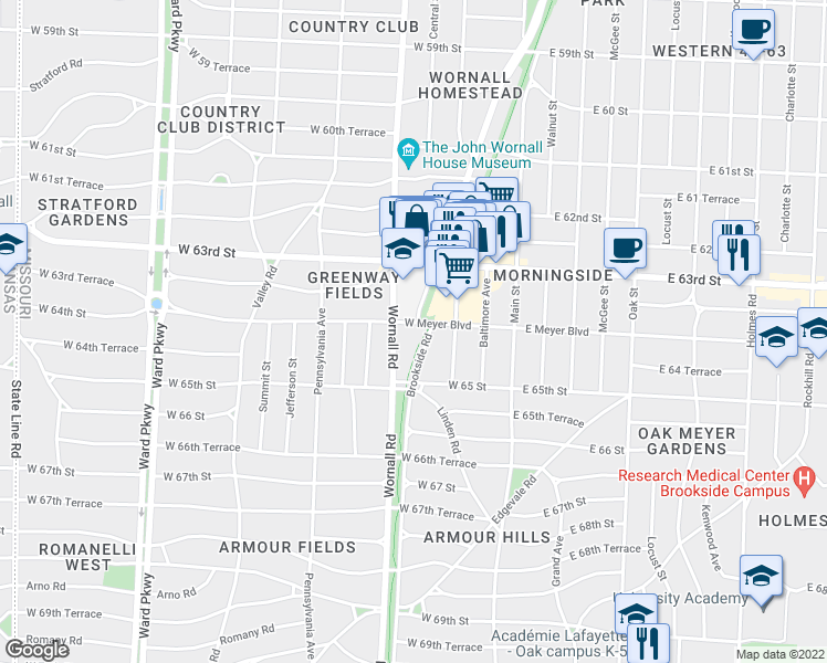map of restaurants, bars, coffee shops, grocery stores, and more near 333 West Meyer Boulevard in Kansas City