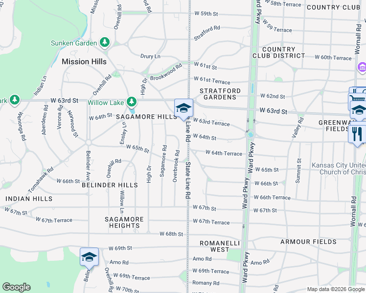 map of restaurants, bars, coffee shops, grocery stores, and more near 6445 Overbrook Road in Mission Hills