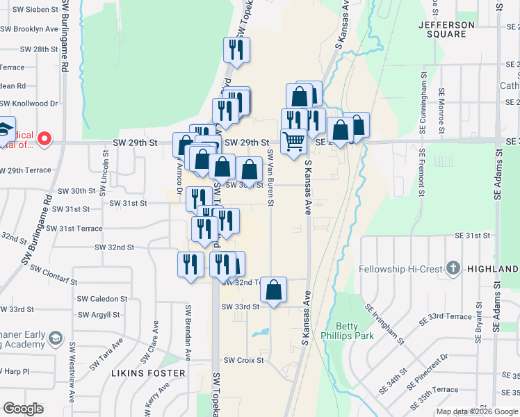 map of restaurants, bars, coffee shops, grocery stores, and more near 3111 SW Van Buren St in Topeka