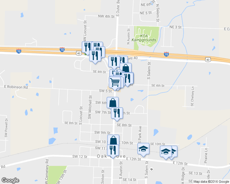 map of restaurants, bars, coffee shops, grocery stores, and more near 511 S Broadway St in Oak Grove