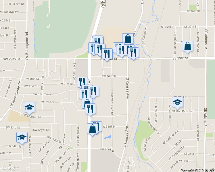 map of restaurants, bars, coffee shops, grocery stores, and more near 3111 SW Van Buren St in Topeka