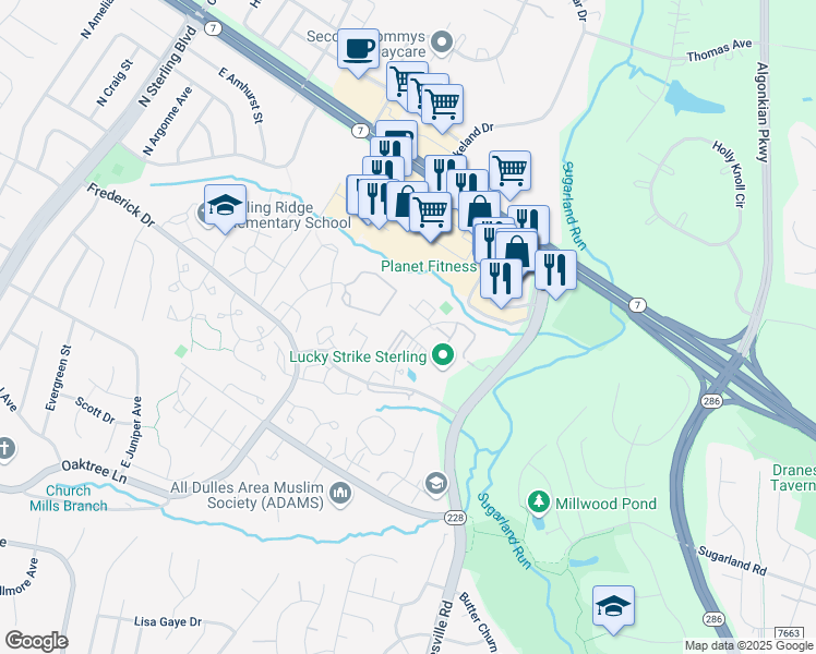 map of restaurants, bars, coffee shops, grocery stores, and more near 21777 Baldwin Square in Sterling