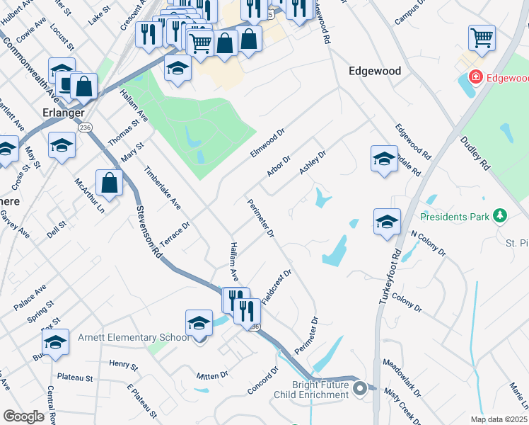 map of restaurants, bars, coffee shops, grocery stores, and more near 530 Perimeter Drive in Erlanger