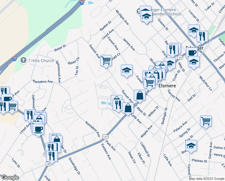 map of restaurants, bars, coffee shops, grocery stores, and more near 131 Kincaid Lane in Erlanger