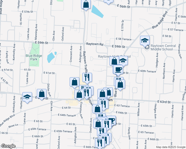 map of restaurants, bars, coffee shops, grocery stores, and more near 9817 East 61st Street in Raytown