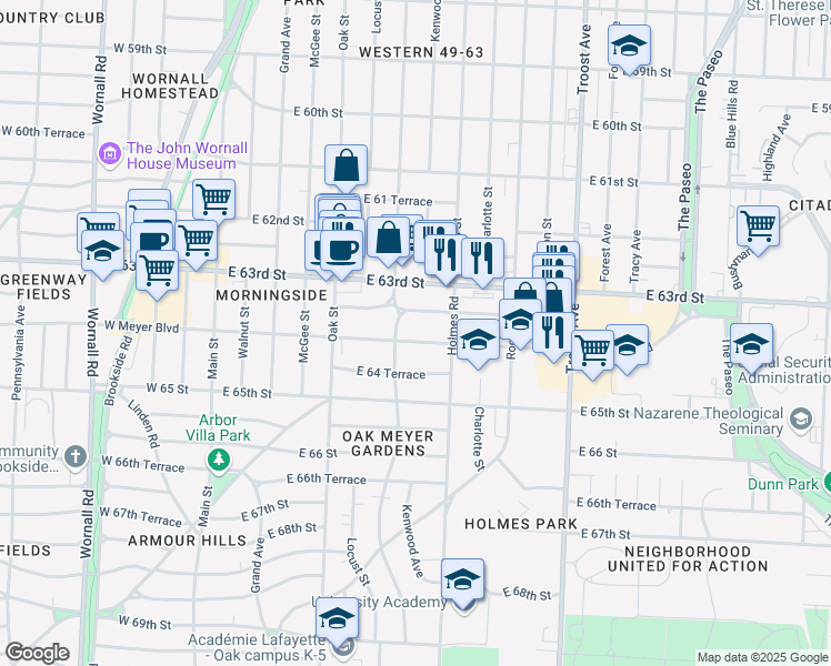 map of restaurants, bars, coffee shops, grocery stores, and more near 610 East Meyer Boulevard in Kansas City