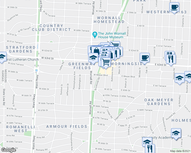 map of restaurants, bars, coffee shops, grocery stores, and more near 333 West Meyer Boulevard in Kansas City