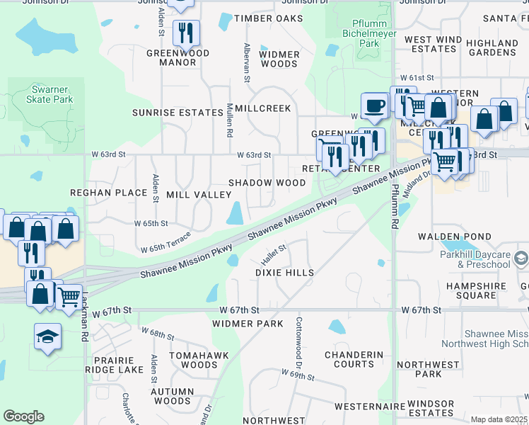 map of restaurants, bars, coffee shops, grocery stores, and more near 6451 Hallet Street in Shawnee