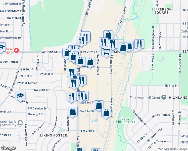 map of restaurants, bars, coffee shops, grocery stores, and more near 3111 SW Van Buren St in Topeka