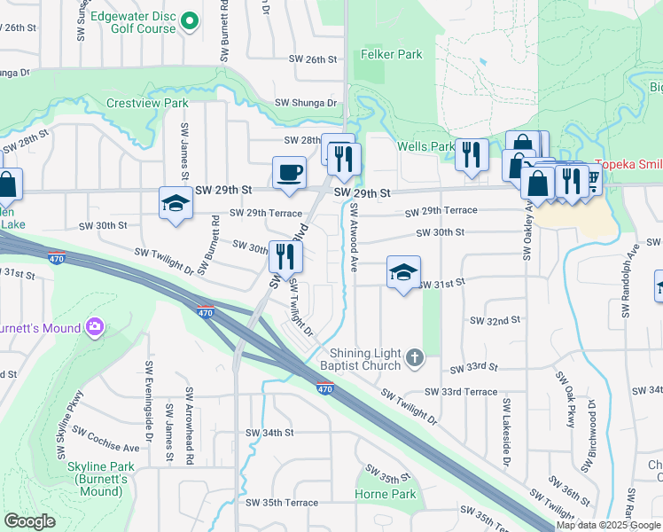 map of restaurants, bars, coffee shops, grocery stores, and more near 3032 Southwest Lydia Avenue in Topeka