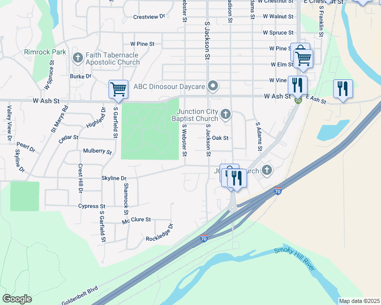 map of restaurants, bars, coffee shops, grocery stores, and more near 517 Maple Street in Junction City
