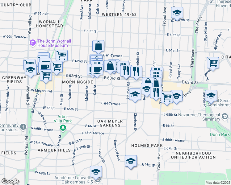 map of restaurants, bars, coffee shops, grocery stores, and more near 610 East Meyer Boulevard in Kansas City