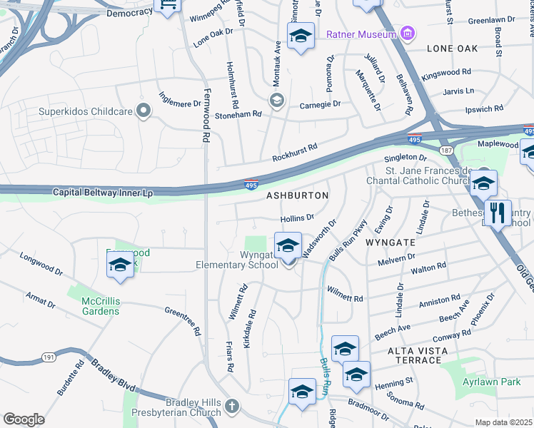 map of restaurants, bars, coffee shops, grocery stores, and more near 6405 Hollins Drive in Bethesda