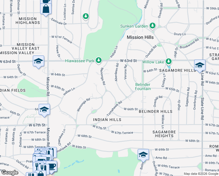 map of restaurants, bars, coffee shops, grocery stores, and more near 6439 Seneca Road in Mission Hills