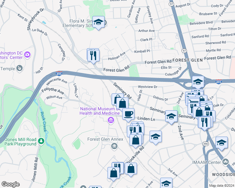 map of restaurants, bars, coffee shops, grocery stores, and more near 9511 Gwyndale Drive in Silver Spring