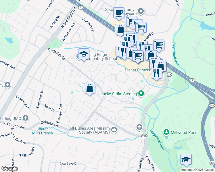 map of restaurants, bars, coffee shops, grocery stores, and more near 46824 Rabbitrun Terrace in Sterling