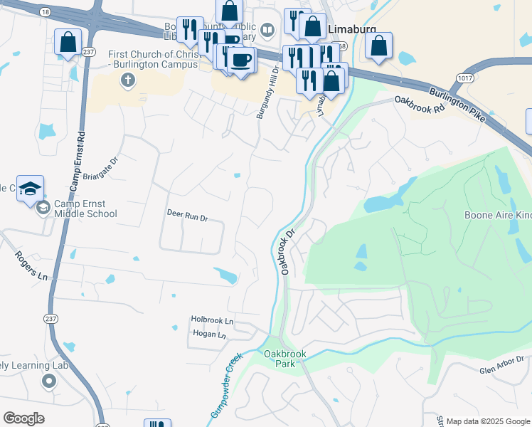 map of restaurants, bars, coffee shops, grocery stores, and more near 2279 Paragon Mill Drive in Burlington