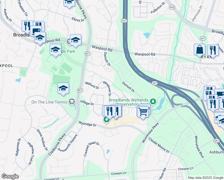 map of restaurants, bars, coffee shops, grocery stores, and more near 21934 Windover Drive in Broadlands
