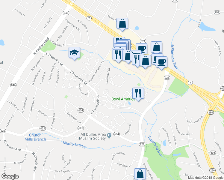 map of restaurants, bars, coffee shops, grocery stores, and more near 46936 Rabbitrun Terrace in Sterling