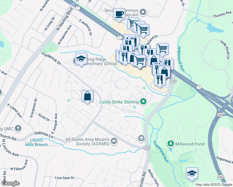 map of restaurants, bars, coffee shops, grocery stores, and more near 46936 Rabbitrun Terrace in Sterling