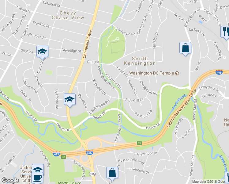 map of restaurants, bars, coffee shops, grocery stores, and more near 9608 Kensington Parkway in Kensington