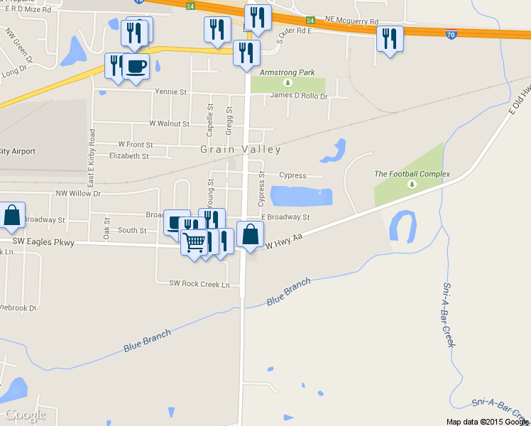 map of restaurants, bars, coffee shops, grocery stores, and more near 201 Cypress Street in Grain Valley