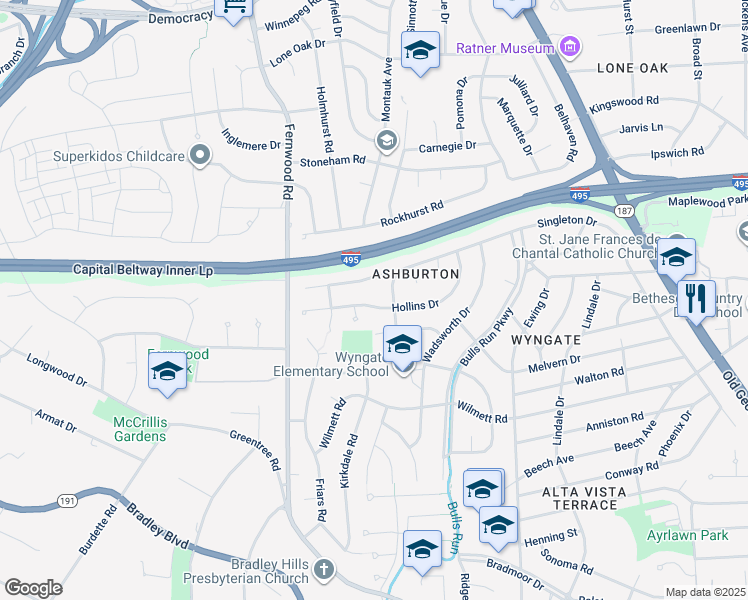 map of restaurants, bars, coffee shops, grocery stores, and more near 6405 Hollins Drive in Bethesda