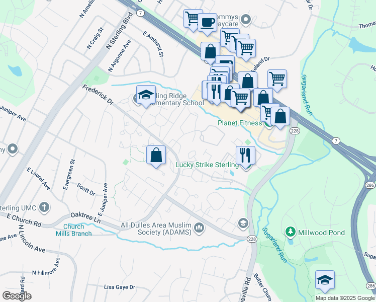 map of restaurants, bars, coffee shops, grocery stores, and more near 46824 Rabbitrun Terrace in Sterling