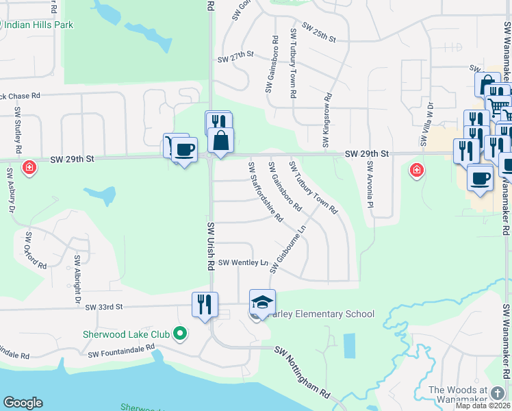 map of restaurants, bars, coffee shops, grocery stores, and more near 6607 Southwest Hamptonshire Lane in Topeka
