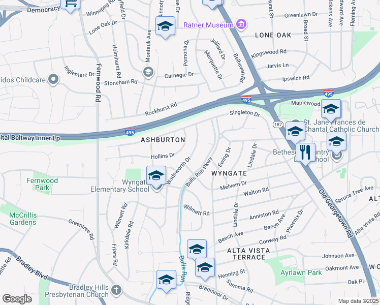 map of restaurants, bars, coffee shops, grocery stores, and more near 9506 Wadsworth Drive in Bethesda