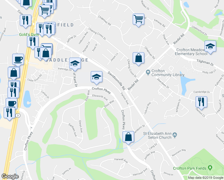 map of restaurants, bars, coffee shops, grocery stores, and more near 1546 Crofton Parkway in Crofton