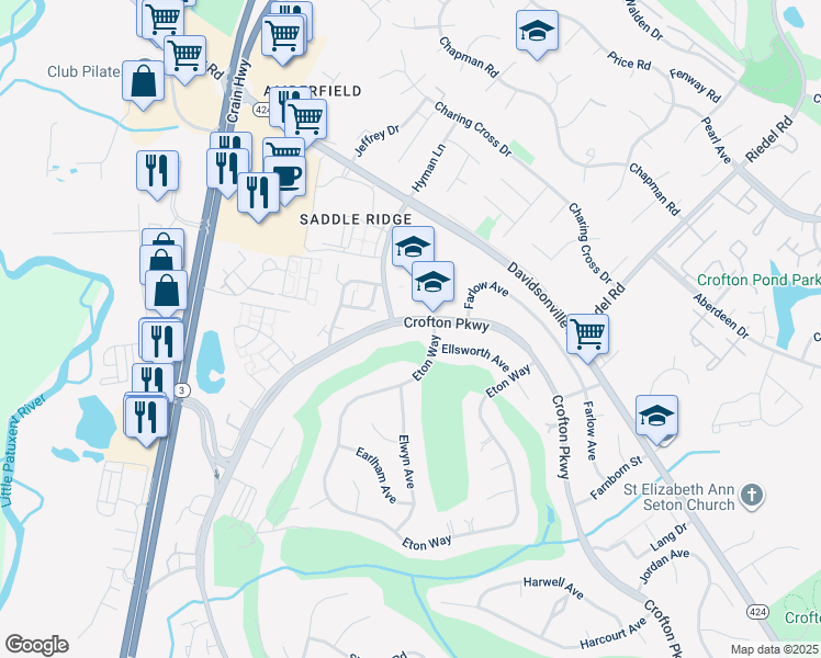 map of restaurants, bars, coffee shops, grocery stores, and more near 1567 Crofton Parkway in Crofton