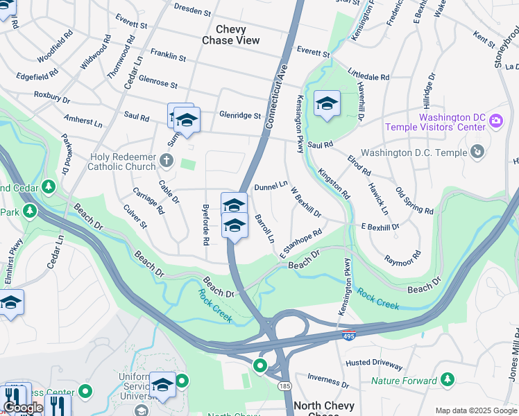 map of restaurants, bars, coffee shops, grocery stores, and more near 9609 Barroll Lane in Kensington
