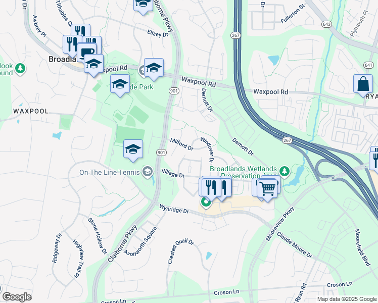 map of restaurants, bars, coffee shops, grocery stores, and more near 40413 Milford Drive in Broadlands