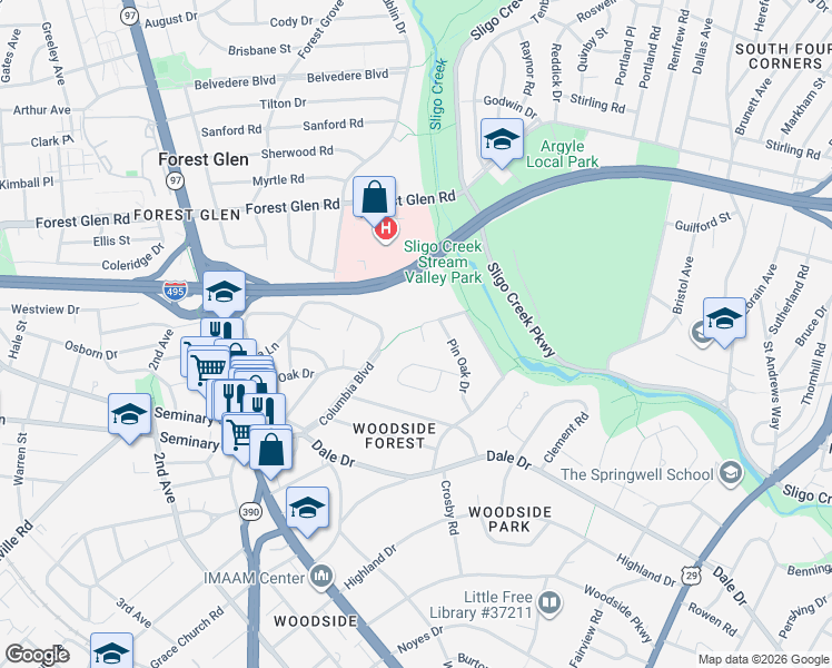 map of restaurants, bars, coffee shops, grocery stores, and more near 1422 Flora Terrace in Silver Spring