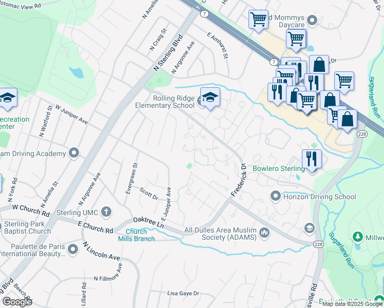 map of restaurants, bars, coffee shops, grocery stores, and more near 21818 Goldstone Terrace in Sterling