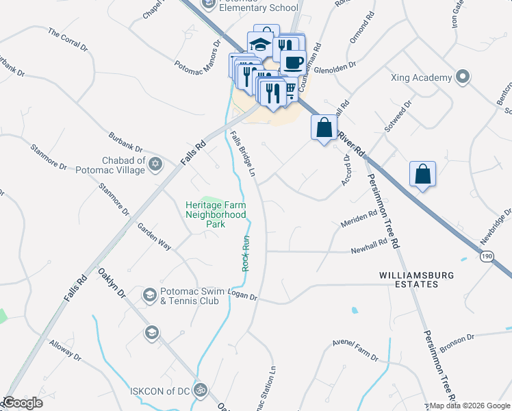 map of restaurants, bars, coffee shops, grocery stores, and more near 9512 Falls Bridge Lane in Rockville