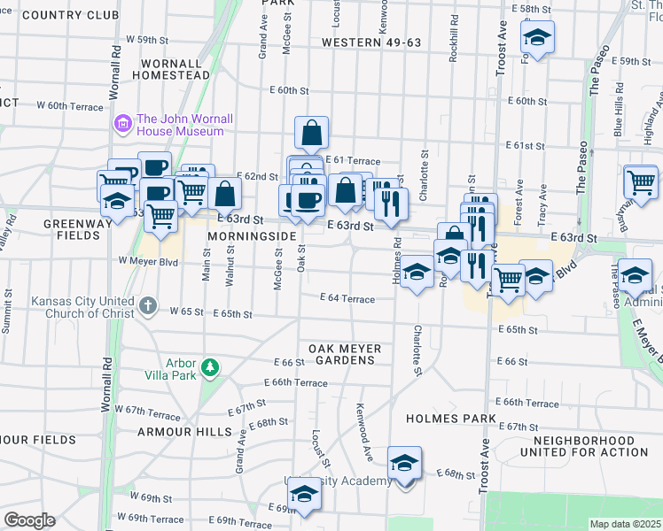 map of restaurants, bars, coffee shops, grocery stores, and more near 436 East Meyer Boulevard in Kansas City
